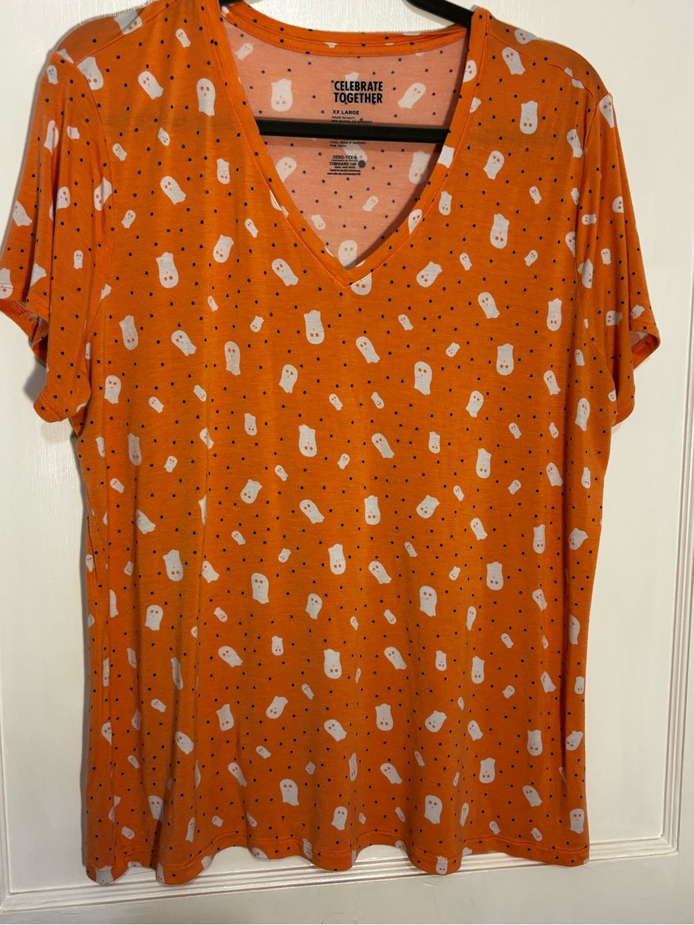Celebrate Together Women's Orange V-Neck Short Sleeve Tee with Ghost Print
